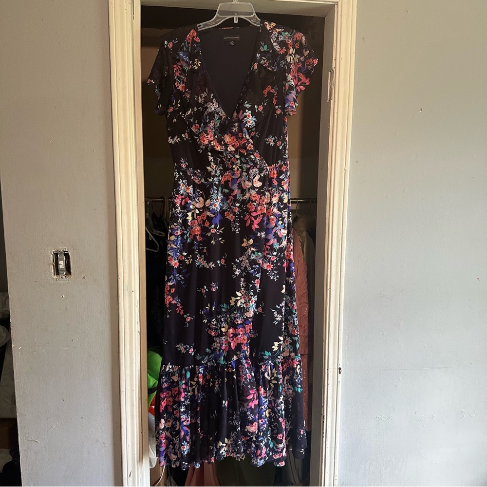Spenser Jeremy Floral Faux Wrap Maxi Dress Women's Sz L V Neck Ruffles Tradwife